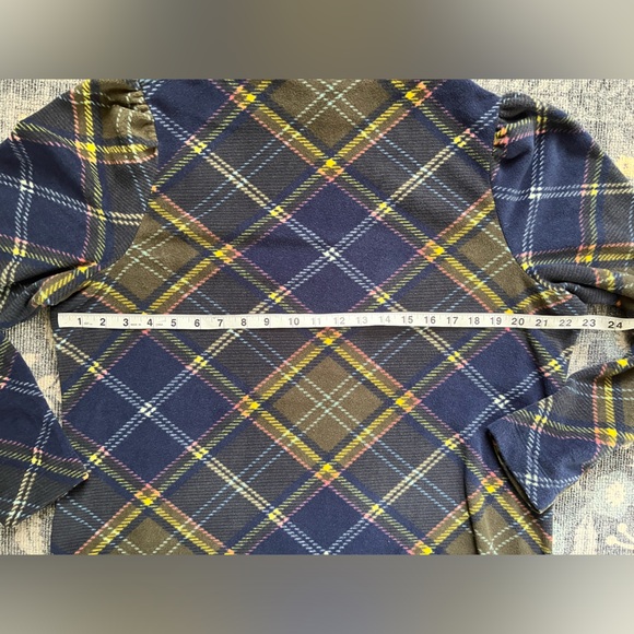 Talbots mock neck puff sleeve blue yellow plaid fleece top - Picture 4 of 5